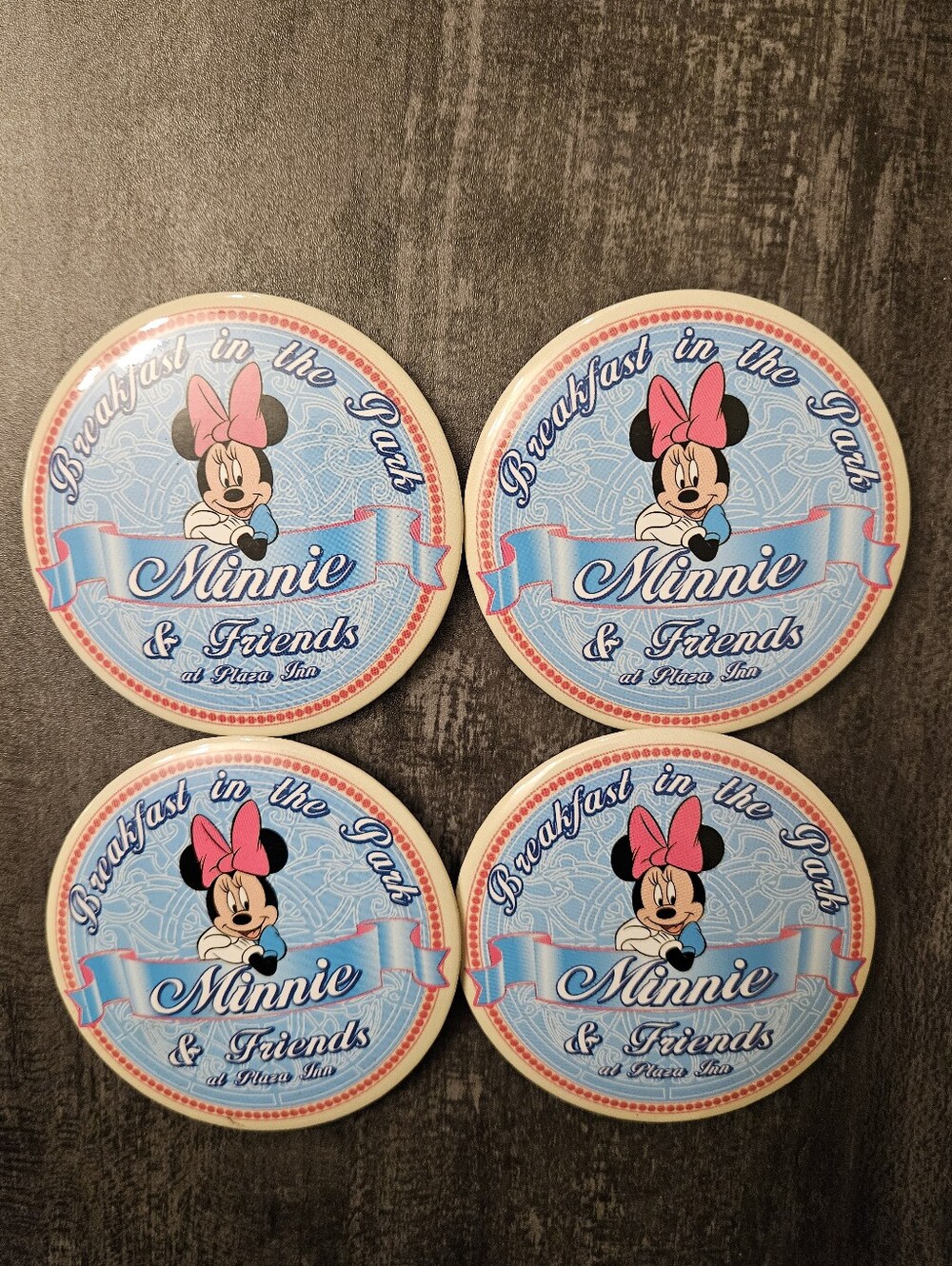 Lot of 4 VTG Disney Minnie & Friends Breakfast in the Park at Plaza Inn Pins